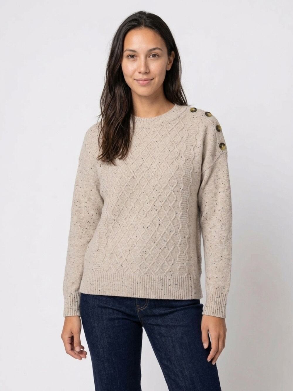 Frye Women’s Medium Cable Knit Sweater Shoulder Button Accent Pullover Cream